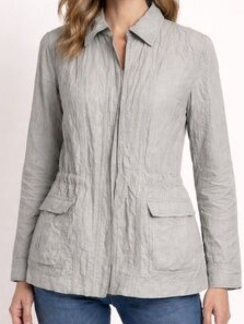 Eileen Fisher Light Gray Crinkled Utility Jacket Minimalist Outdoors Casual SM